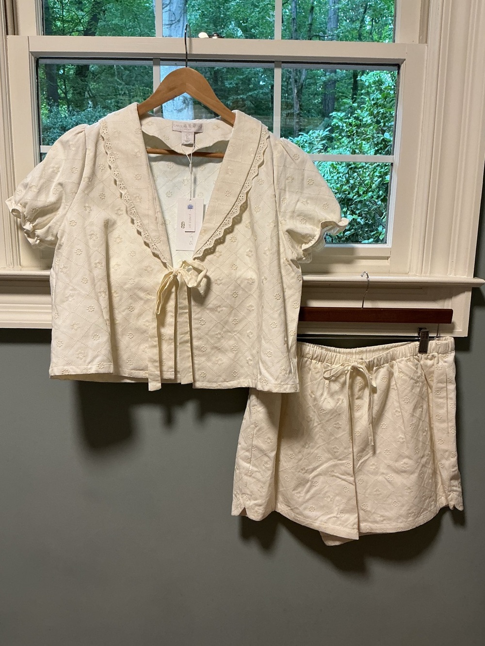 Caroline Constas Eyelet Denim Set Puff Sleeve Top & Matching Shorts, NWT, Size L